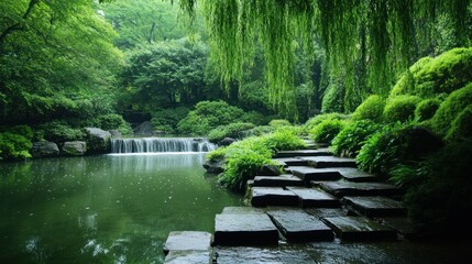 Tranquil garden waterfall with lush greenery
