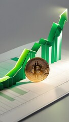 Bitcoin placed on layered paper chart mockup, with green growth curve illuminated by side light. Depicts financial upward trends4