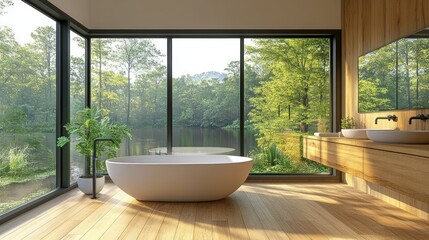 Modern bathroom with serene forest view