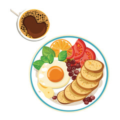 Coffee with Breakfast Egg Pancakes and Fruit - Vector Illustration