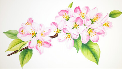 Fototapeta premium A branch of a blossoming apple tree is painted with watercolors on a white background