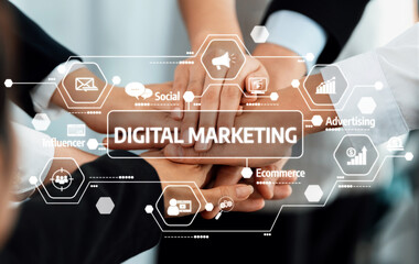 A visual representation of teamwork in digital marketing featuring joined hands and graphic icons illustrating various strategies, emphasizing collaboration and innovation in the field. Amity