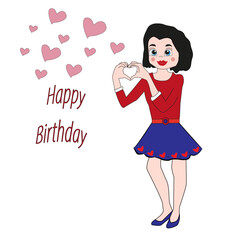 Felicitación de cumpleaños con mujer y corazones.