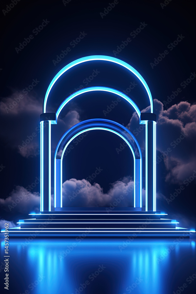 Poster neon arch in dark blue lights room with clouds. abstract background for party stage or product displ