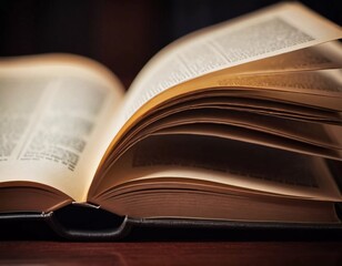 Obraz premium A well-worn book lies open, its pages fluttering as if animated by a gentle breeze. The soft glow of the ambient light enhances the rich textures of the paper, inviting exploration Generative AI
