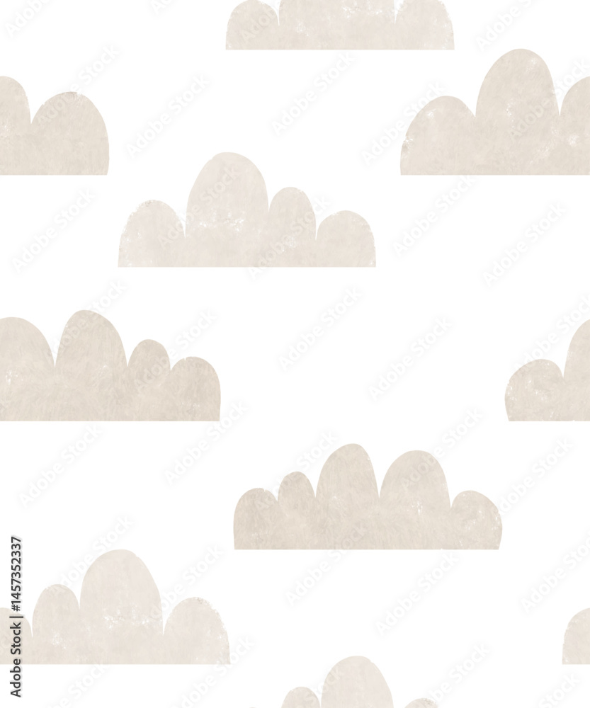 Wall mural cute simple seamless vector patterns with beige fluffy clouds on a white background. simple nursery 