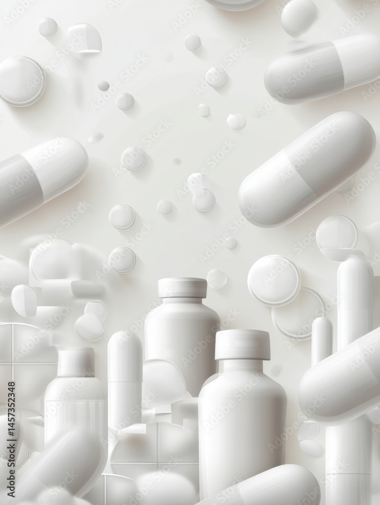 Poster floating pills and bottles create a soothing sterile pharmacy atmosphere with a soft white backgroun