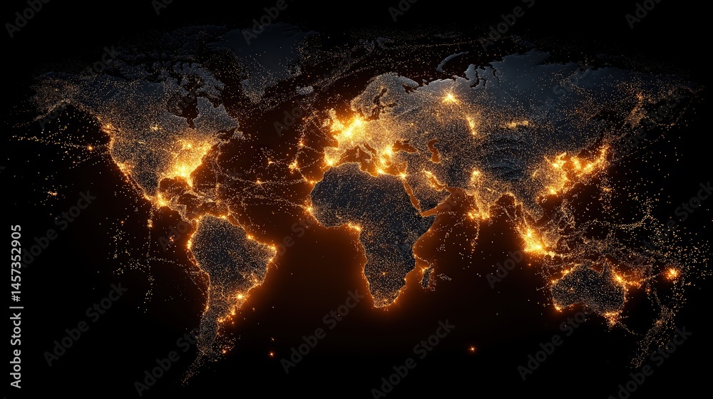 Poster glowing world map showing global digital network connections