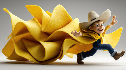 Cheerful animated character wearing sombrero and yellow poncho is joyfully running, with large, flowing tortilla behind him, creating fun and lively scene