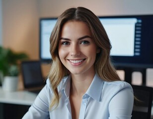 Obraz premium With a warm smile, a professional woman sits comfortably in her stylish office, surrounded by technology and greenery, embodying success and confidence in her freelance career Generative AI