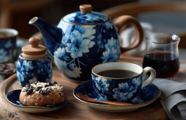 Fototapeta premium Ceramic Coffee Set with Blue and White Porcelain Pattern, Traditional Chinese Retro Hand-Painted Style