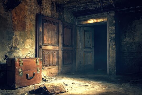 Abandoned cellar room with aged wooden doors and dusty suitcase.  Dim light beams into the space