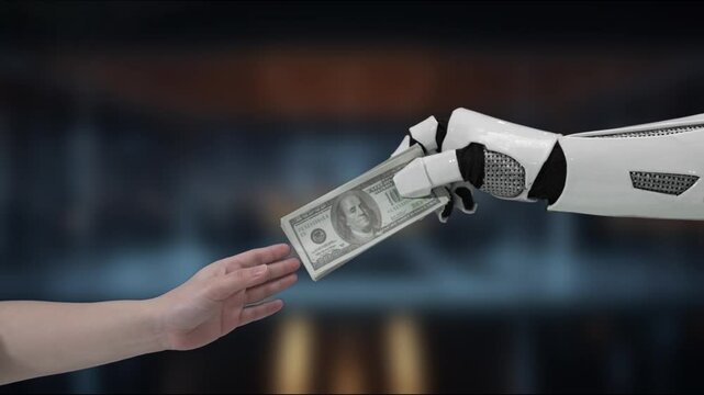 A futuristic scene where a robotic hand offers cash to a human hand, symbolizing the merging of technology and finance in modern transactions and interactions. MZL