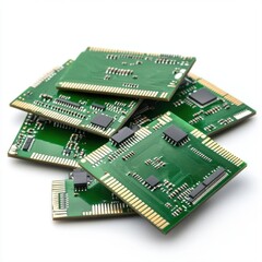 Pile of Green Circuit Boards with Electronic Components and Gold Pins
