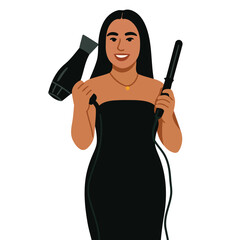 Smiling Woman Holding Hair Dryer and Curling Iron Illustration