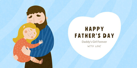 Sweet Father's Day illustration of a loving dad holding his daughter. Modern design, trendy flat style.