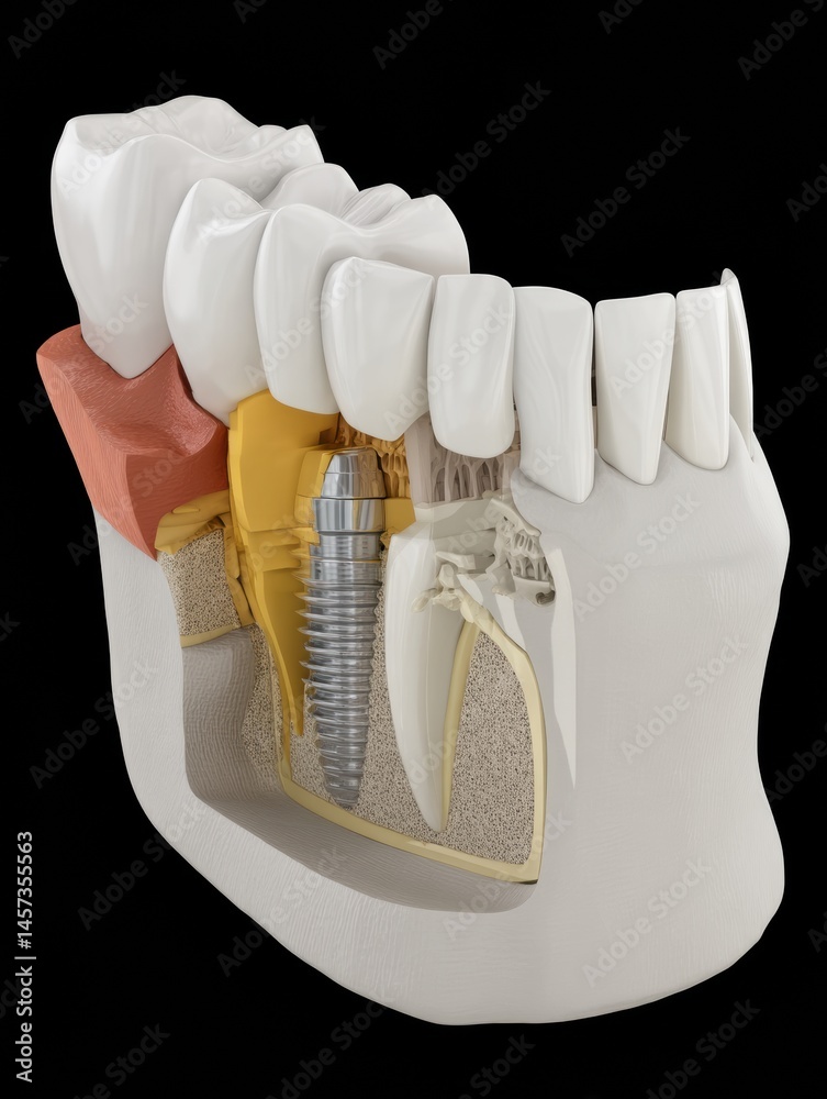 Poster model demonstrating implant placement in a cutaway jaw showing dental anatomy and procedure details 
