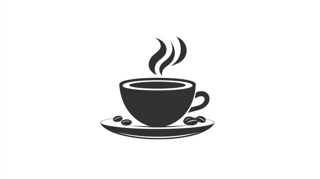 Simple black and white coffee cup with steam rising above and beans on the saucer