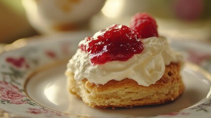 A delicious scone topped with jam and whipped cream appears tasty