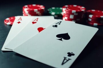 Playing cards arranged in a row, showing four aces , aces, close-up
