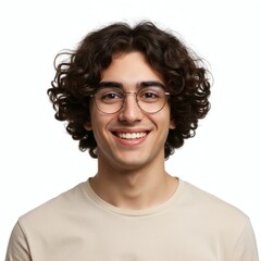 Fototapeta premium A smiling young man with curly hair and glasses looks directly at the camera with confidence.