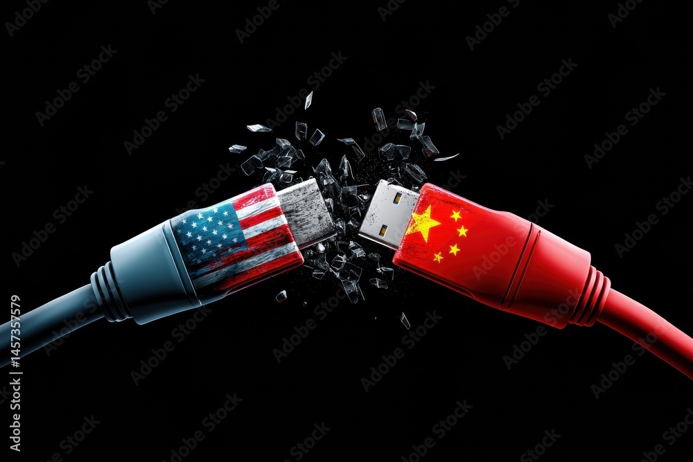 Aufkleber usb cable pulled by us and china flag gloves representing tech rivalry and international relations c