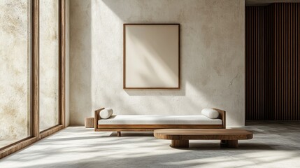 Modern, minimalist living space with natural light and wooden furniture