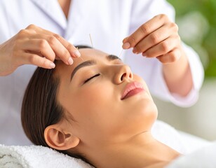 Jeune femme recevant un traitement d'acupuncture. Le médecin enfonce des aiguilles dans le corps de la femme lors de l'acupuncture - gros plan
