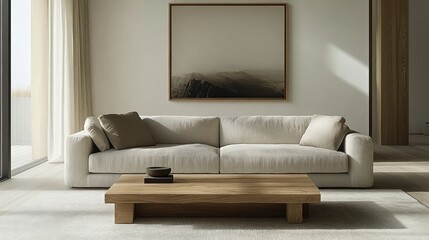 Fototapeta premium Modern minimalist living room with cream couch and wooden coffee table