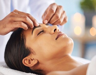 Jeune femme recevant un traitement d'acupuncture. Le médecin enfonce des aiguilles dans le corps de la femme lors de l'acupuncture - gros plan