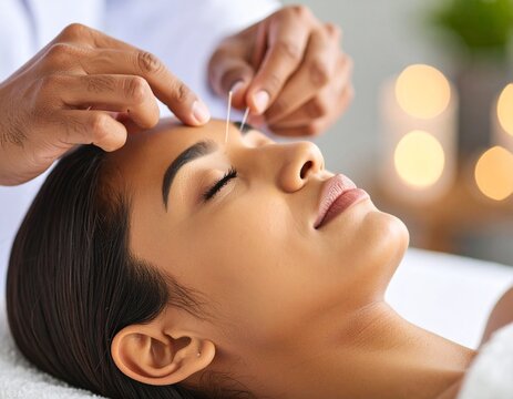 Jeune femme recevant un traitement d'acupuncture. Le m&eacute;decin enfonce des aiguilles dans le corps de la femme lors de l'acupuncture - gros plan