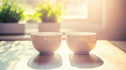 Two white ceramic bowls sit on a wooden surface with light