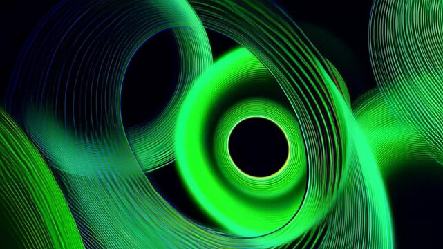 Rotating and scaling geometric patterns in glitch style with vivid emerald green and neon lime tones on dynamic backdrop with rhythmic movement