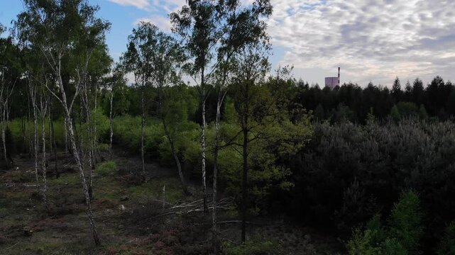 Sky view drone flight in silesia over ŁAgisz power coal plant
