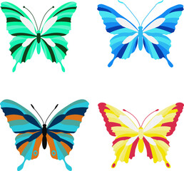 Fototapeta premium Collection of colored butterflies, vector illustrations on transparent background.