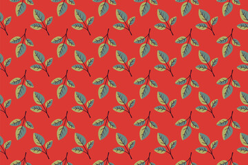 Obraz premium Vibrant red background adorned with a repeating pattern of stylized teal and gold leaves. Perfect for textile design, wallpaper, or any project needing a natureinspired, minimalist aesthetic.