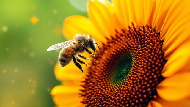 A honey bee gets nectar from a sunflower flower