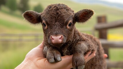 Fototapeta premium A baby cow is being held in a person's hand. The cow is brown and has a cute, innocent expression