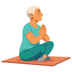 Elderly Person Meditating with Prayer Hands on Yoga Mat