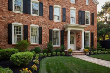 Fototapeta premium Elegant front yard with brick facade with exterior shutters and vibrant garden landscape