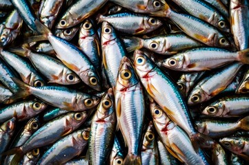 Obraz premium Freshly caught sardines, view from above, showcasing their shiny scales and colors