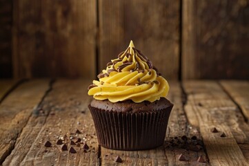 yellow cupcake with swirl frosting and chocolate sprinkles on wooden background
