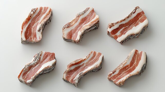 A set of six bacon pieces in pairs isolated on a smooth white surface