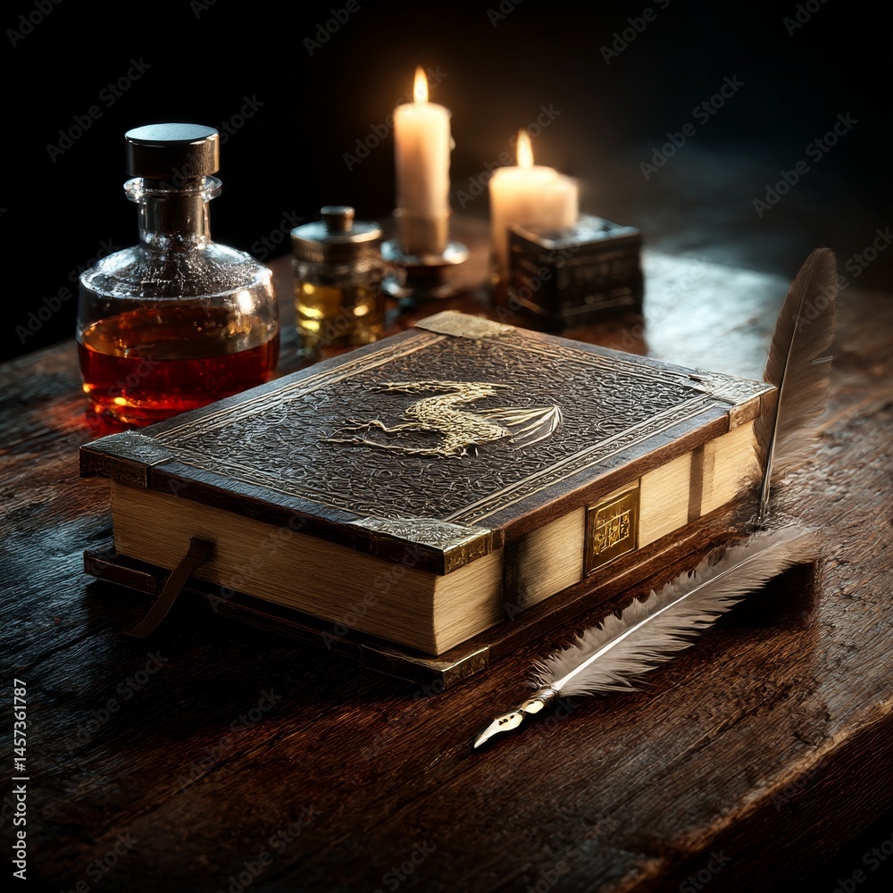 Aufkleber ancient tome and quill lit by candlelight, a scene of mystical knowledge and timeless wisdom