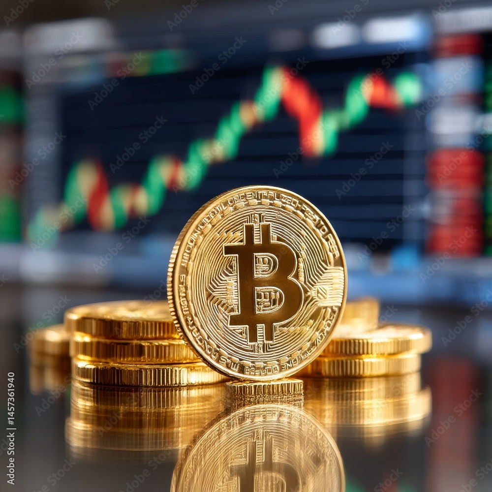 Aufkleber bitcoin close-up: golden cryptocurrency stacks reflect on a shiny surface with blurred price chart b