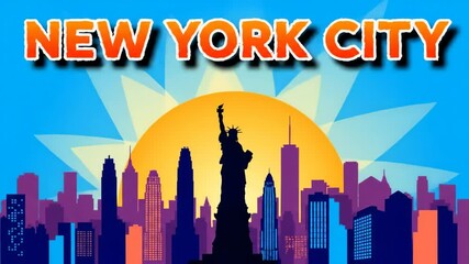 2D New York City Sunrise Cityscape Skyline Motion Graphics with Skyscrapers and Animated Text - Powered by Adobe