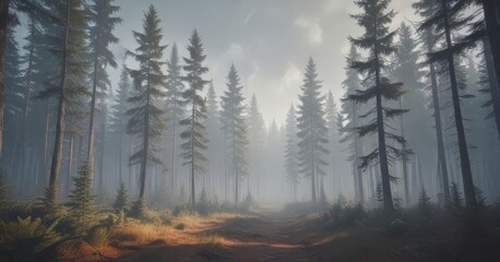 Obraz premium Retro styled misty fir forest scene, soft light, photography, trees, calm