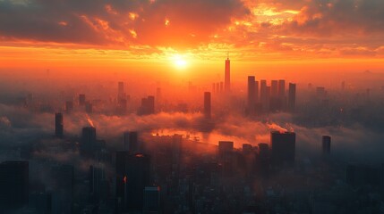 Fototapeta premium Stunning Cityscape Sunrise Dramatic Orange Sky Golden Hour Urban Skyline Modern Architecture Highrise Buildings Misty Cityscape Breathtaking View City