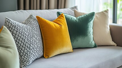Elegant home decor soft velvet cushions on sofa grey background room teal gold green beige space