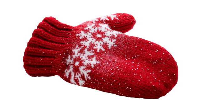 Single red mitten with white snowflake design closeup